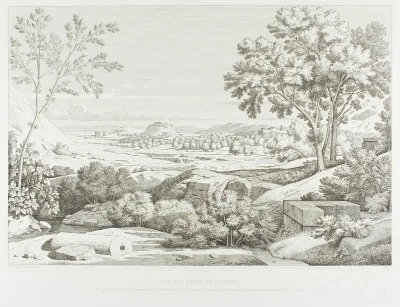 View from the Banks of the Illisós: Mountains of the Argolid, Temple of Olympic Jupiter, the Acropolis, Palace of King Corydalus, Village of Ambelo'kypos, Mount Anchesmos, Forest of Olives and the River Illisós Wall Art by Théodore Caruelle d' Aligny - High-Resolution Digital Print