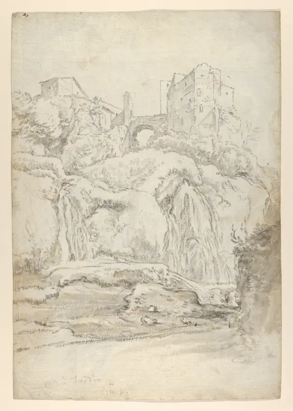 View of a Bridge and Waterfalls in Tivoli (recto); View of a Waterfall in Tivoli From Within a Cave (verso) Wall Art by Guilliam du Gardijn - High-Resolution Digital Print