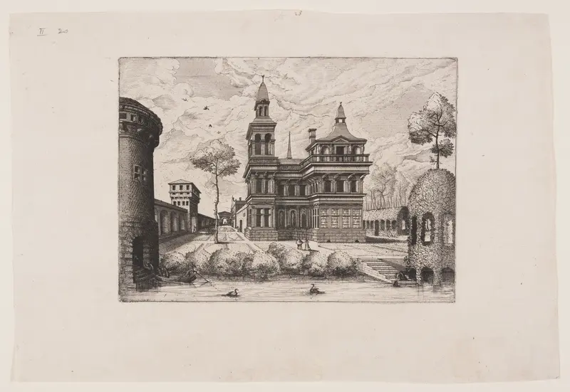 View of a castle, on the left a fortified wall, on the right a trellis-work gangway and pavilion Wall Art by Johannes van Doetecum - High-Resolution Digital Print