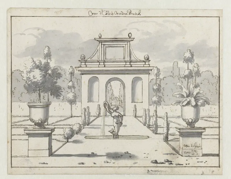View of a Formal Garden with an Arched Gateway and a Mermaid Fountain Wall Art by Josua de Grave - High-Resolution Digital Print