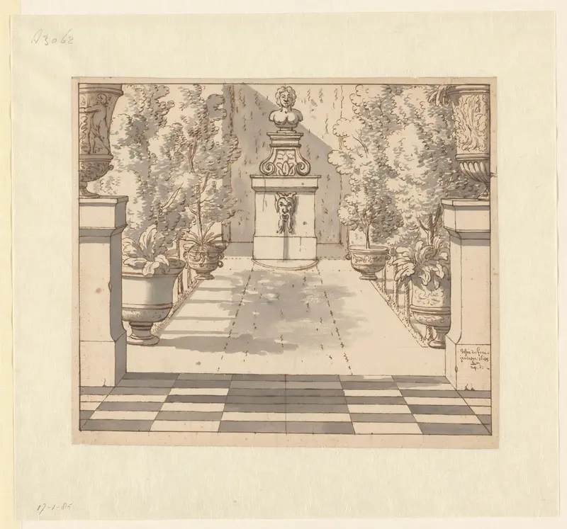 View of a Fountain in an Italianate Garden / verso: Alternative Sketch of the Upper Section of the Fountain Wall Art by Josua de Grave - High-Resolution Digital Print