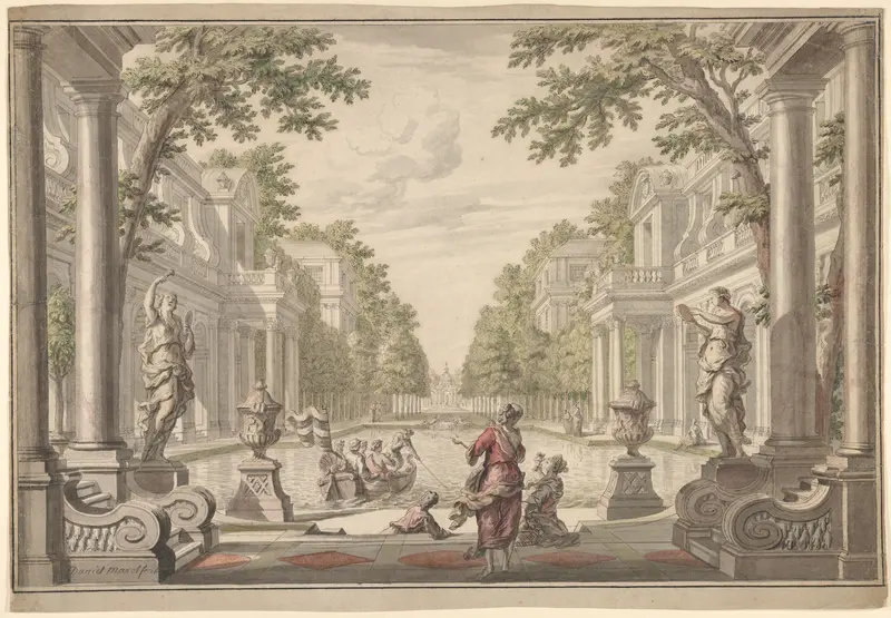 View of a Palace Garden with a Central Pond Surrounded by Classical Architecture (Tapestry or Stage Design?) Wall Art by Daniel Marot the Elder - High-Resolution Digital Print