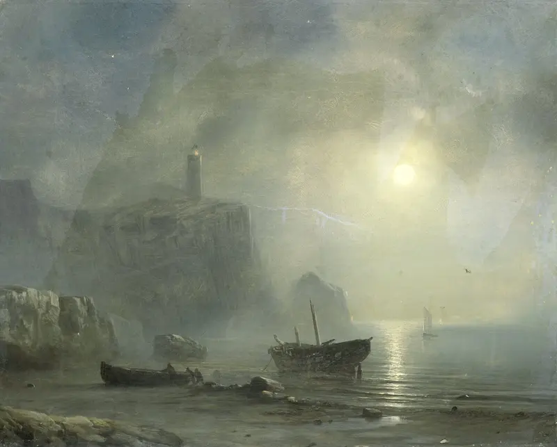 View of a Rocky Coast by Moonlight Wall Art by Unknown - High-Resolution Digital Print