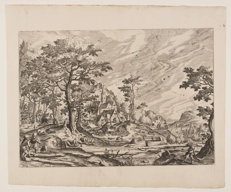 View of a Village, a Man Carrying a Wheelbarrow, plate 8 from Landscapes with Views of Villages