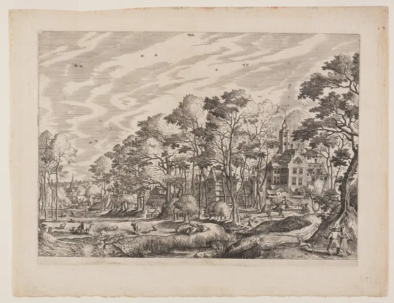 View of a Village with a Castle to the Right, plate 1 from Landscapes with Views of Villages