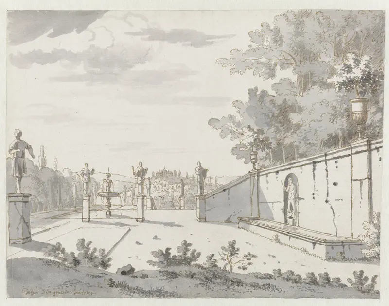 View of an Italianate Sculpture Garden Wall Art by Josua de Grave - High-Resolution Digital Print