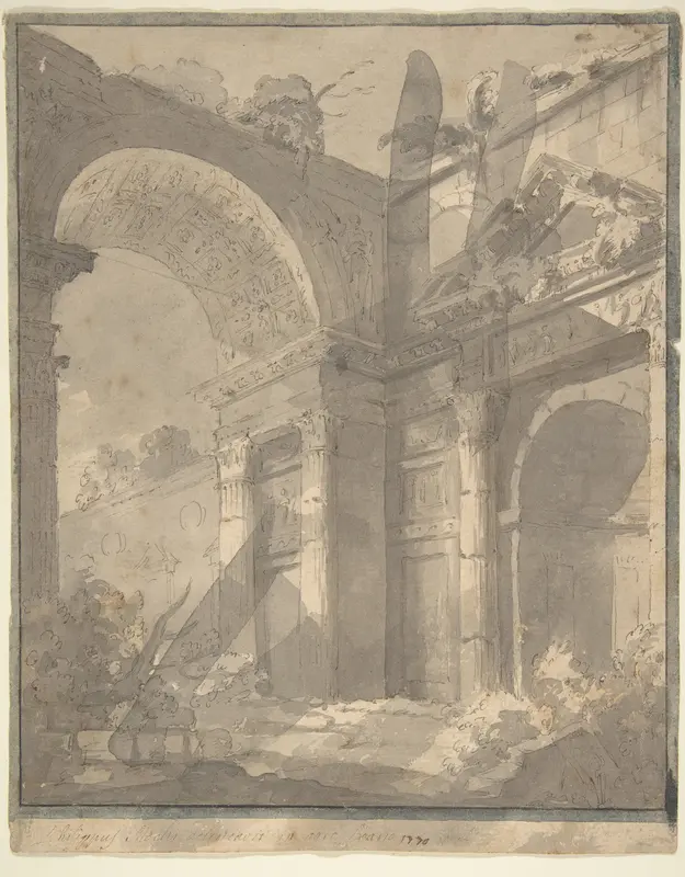 View of Ancient Roman Ruins, an Arch and a Triangular-Pedimented Doorway Wall Art by Filippo Mochi - High-Resolution Digital Print