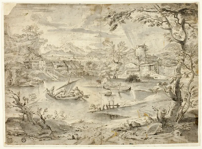 View of City with Fishing Boat in Foreground Wall Art by Paul Bril - High-Resolution Digital Print