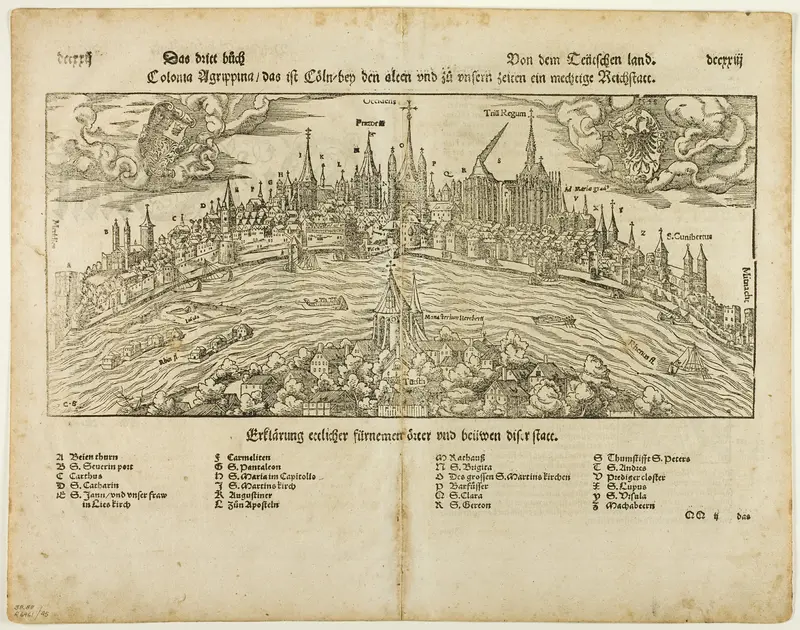View of Cologne (recto) Man Hanged from a Tree (verso), Two leafs DCCXXI-DCCXXIIII from Kosmographie by S. Münster, plate 45 from Woodcuts from Books of the XVI Century Wall Art by Hans Rudolf Manuel Deutsch - High-Resolution Digital Print