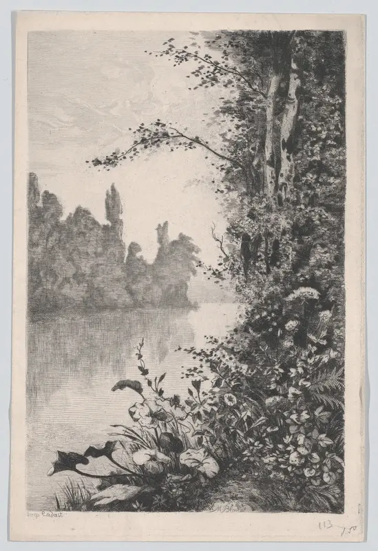 View of Flowers and Trees along a River Bank Wall Art by Marcel Blairat - High-Resolution Digital Print