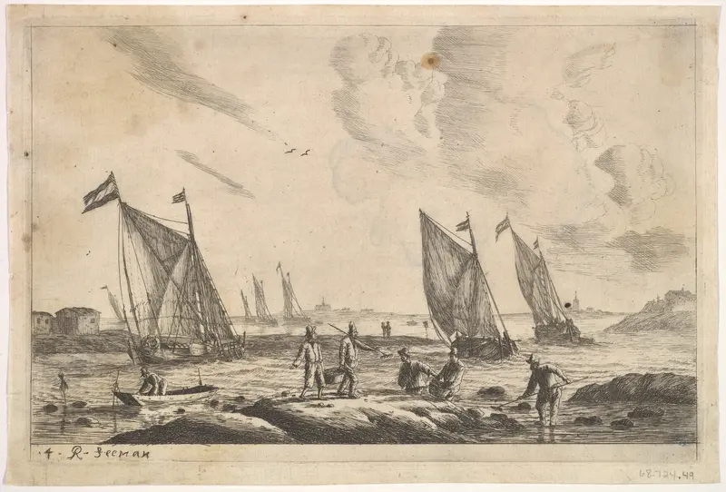 View of Inland Waterway with Fisherman Wall Art by Reinier Nooms, called Zeeman - High-Resolution Digital Print