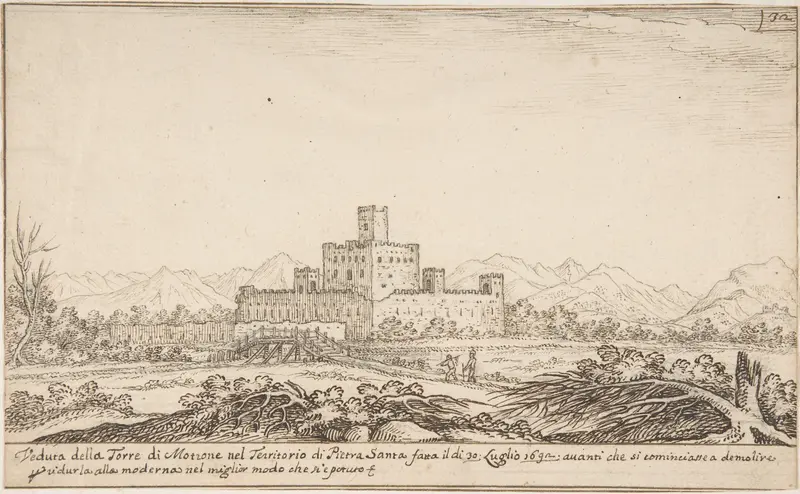 View of Motrone Castle (before its demolition around 1692) Wall Art by Giovanni Francesco Grimaldi - High-Resolution Digital Print