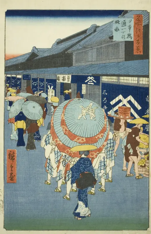 View of Nihonbashi Tori-itchome (Nihonbashi Tori-itchome ryakuzu), from the series "One Hundred Famous Views of Edo (Meisho Edo hyakkei)"