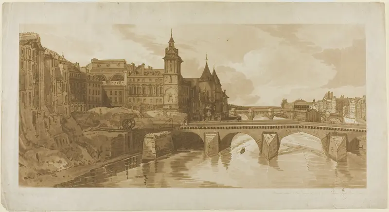 View of Pont au Change, the City Theatre, Pont Neuf, Conciergerie Prison, etc. taken from Pont Notre Dame, from A Selection of Twenty of the Most Picturesque Views in Paris Wall Art by Thomas Girtin - High-Resolution Digital Print