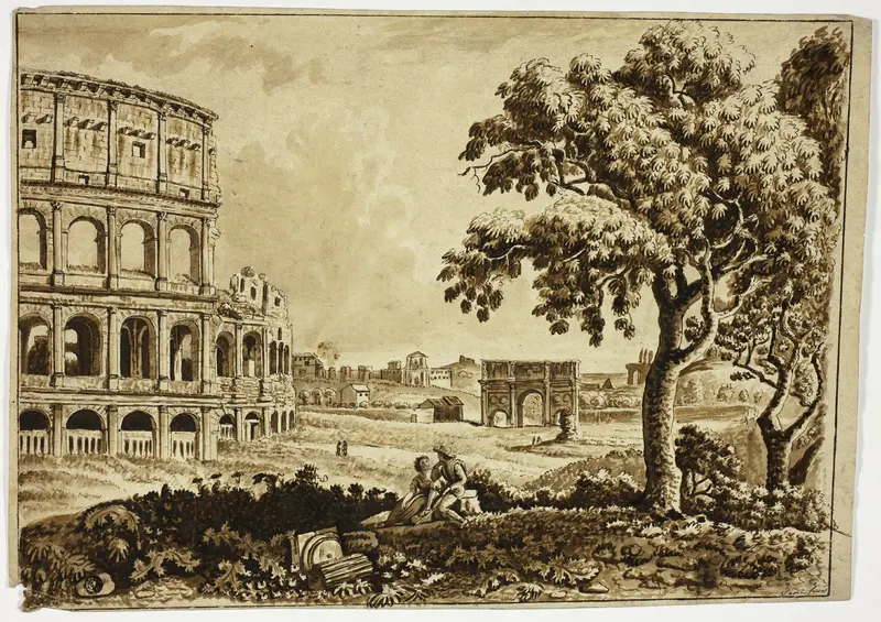 View of Roman Colosseum and Arch of Titus, with Couple in Foreground Wall Art by Giuseppe Fini - High-Resolution Digital Print