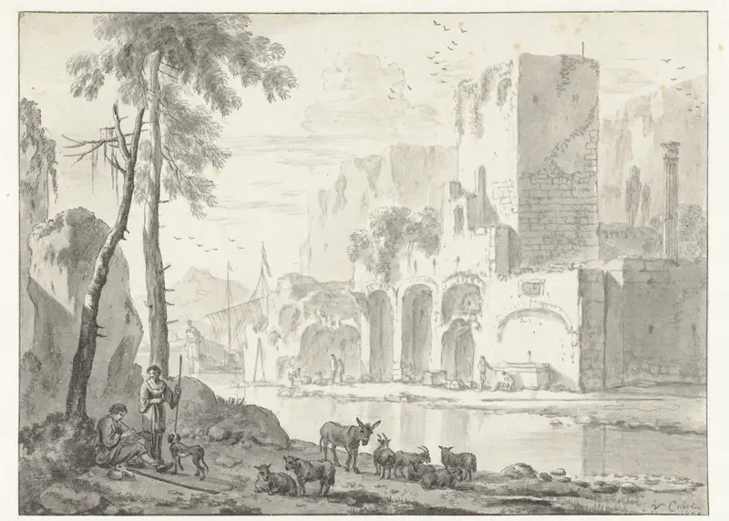 View of Ruins at the Bank of a River Wall Art by Adriaen van der Kabel - High-Resolution Digital Print