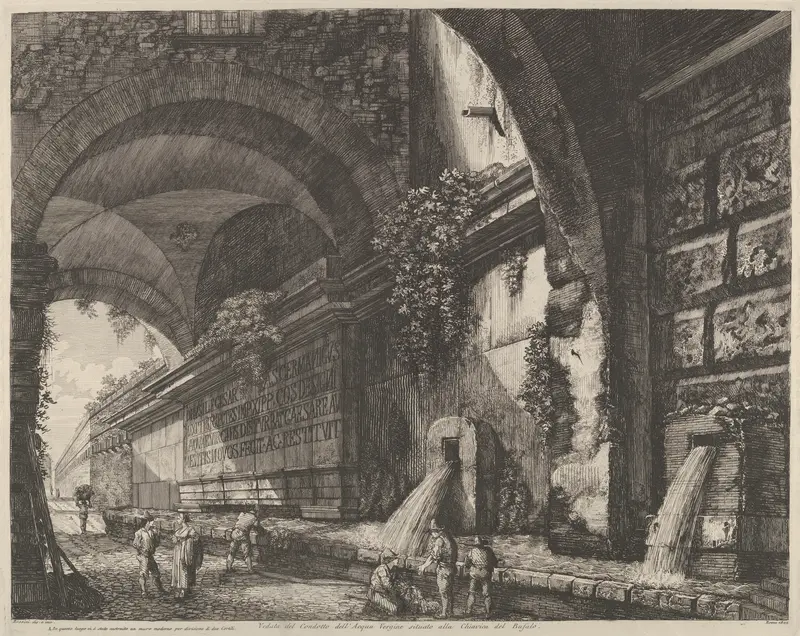 View of the ancient aquaduct and fountains situated near the Chiavica del Bufalo in Rome, from "Le Antichita di Roma" Wall Art by Luigi Rossini - High-Resolution Digital Print
