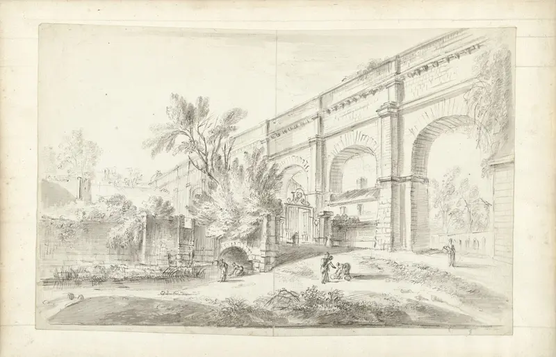 View of the aqueduct of Arcueil with figures Wall Art by Jean Baptiste Lallemand - High-Resolution Digital Print