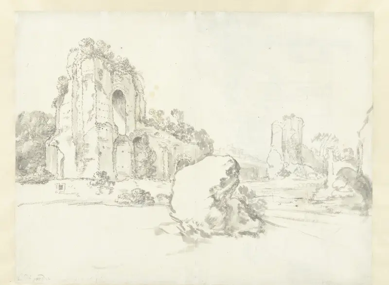 View of the Baths of Caracalla, Rome, with a Large Boulder in the Foreground / verso: View of Classical Ruins Wall Art by Guilliam du Gardijn - High-Resolution Digital Print