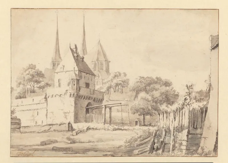 View of the Bergpoort and Bergkerk in Deventer Wall Art by Jan van Kessel - High-Resolution Digital Print