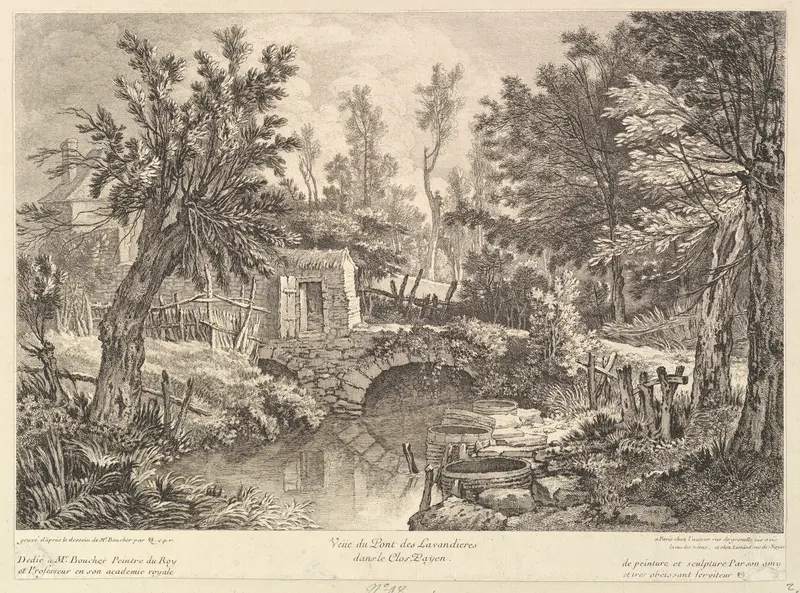 View of the Bridge of Washerwomen at the Peasant House Wall Art by Quentin Pierre Chedel - High-Resolution Digital Print
