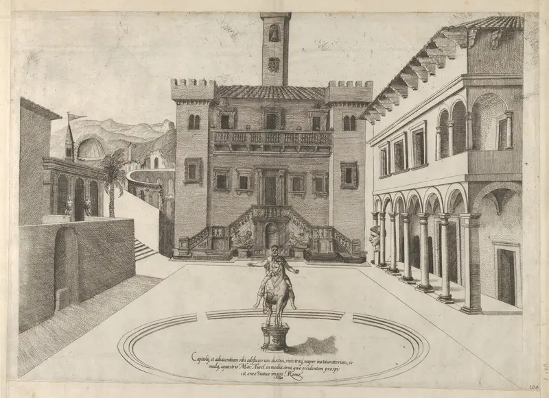 View of the Capitoline Hill during Michelangelo's restoration, the equestrian monument of Marcus Aurelius in the center, from "Speculum Romanae Magnificentiae" Wall Art by Anonymous - High-Resolution Digital Print