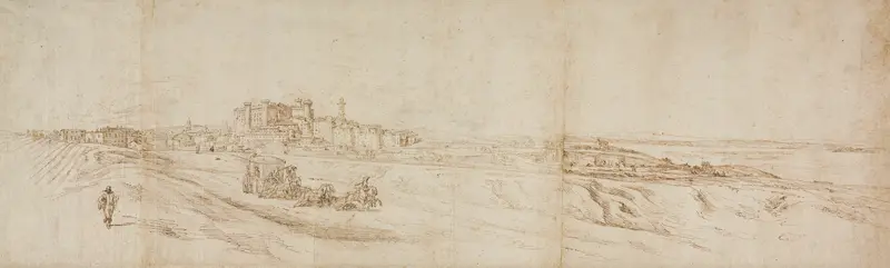 View of The Castello Bracciano, near Rome with Coach and Figures Wall Art by Johann Wilhelm Bauer - High-Resolution Digital Print