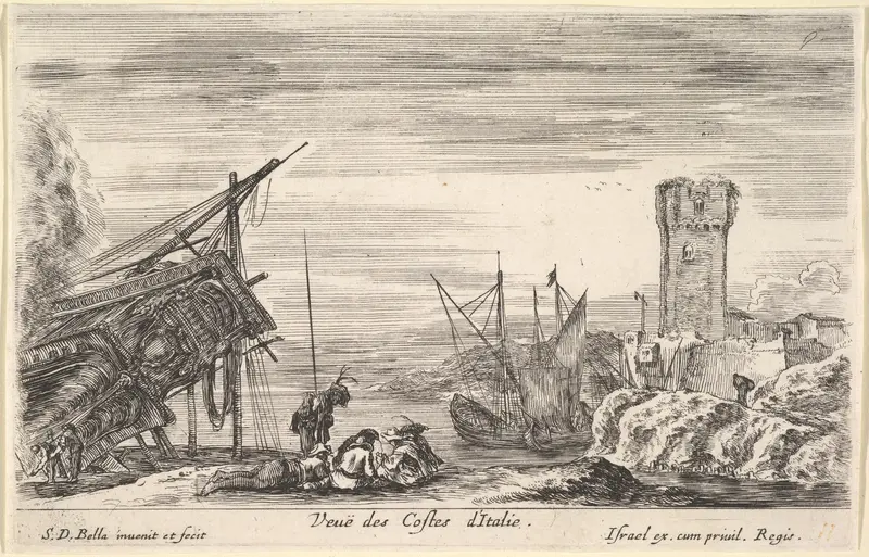 View of the coast of Italy (Veue des Costes d'Italie), from "Views of seaports" (Vues de ports de mar) Wall Art by Stefano della Bella - High-Resolution Digital Print