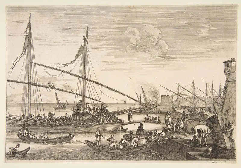 View of the fortifications, two men lifting a plank at right, several ships and boats the background and a galley at left, from 'Views of the port of Livorno' (Vues du port de Livourne) Wall Art by Stefano della Bella - High-Resolution Digital Print