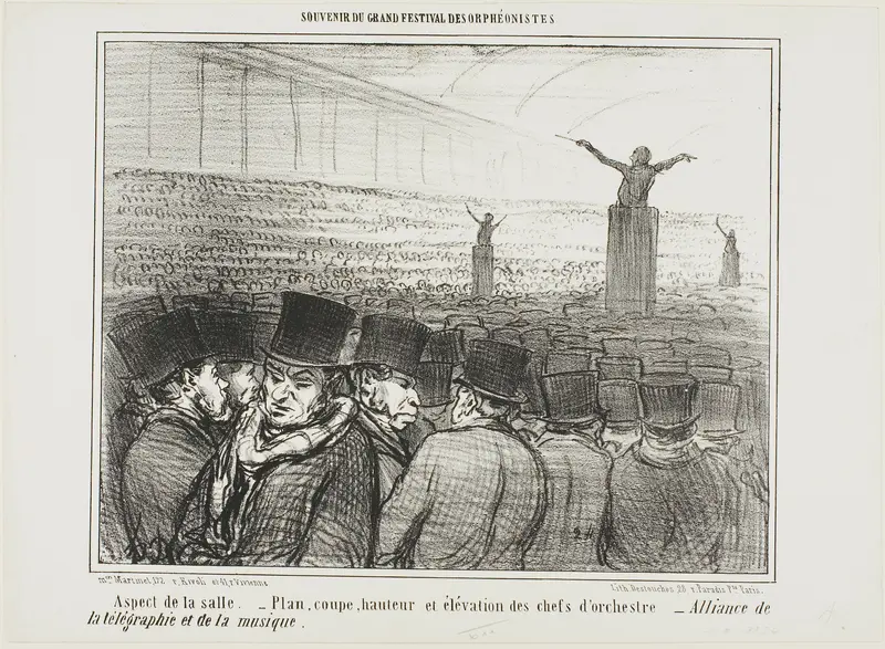 View of the grand hall. Map, height and view from front of the conductor. Grand alliance between telegraph and music, plate 1 from Souvenir Du Grand Festival Des Orphéonistes
