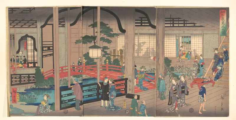 View of the Interior of the Gankirō Tea House in Yokohama Wall Art by Utagawa Hiroshige II - High-Resolution Digital Print
