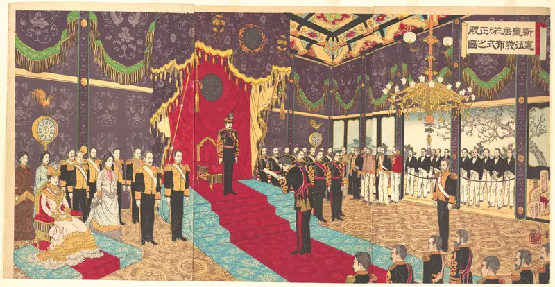 View of the Issuance of the State Constitution in the State Chamber of the New Imperial Palace Wall Art by Adachi Ginkō - High-Resolution Digital Print