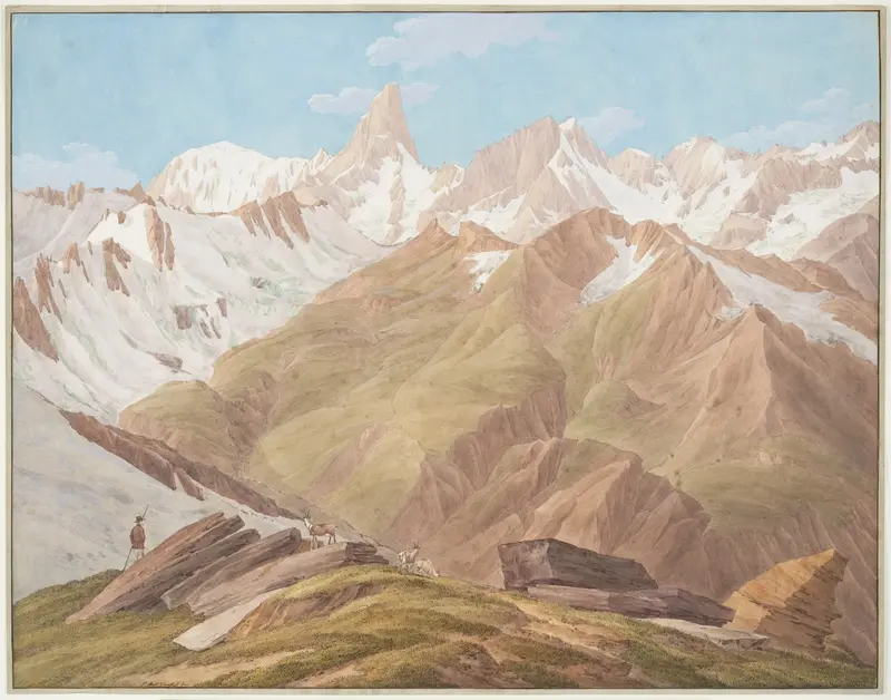 View of the Massif of Mont Blanc near the "Petit Jorasse, Grand Jorasse, le Géant" with the "Glaciers des Périades et Jorasse" and the "Glacier de la Venval" as seen from the "Col de Fenêtre près du Gd. St. Bernard" Wall Art by Jean-Antoine Linck - High-Resolution Digital Print