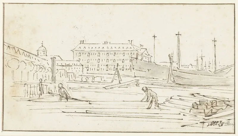 View of the National Sea Arsenal from the North, and a Shipyard in Amsterdam Wall Art by Jan de Bray - High-Resolution Digital Print