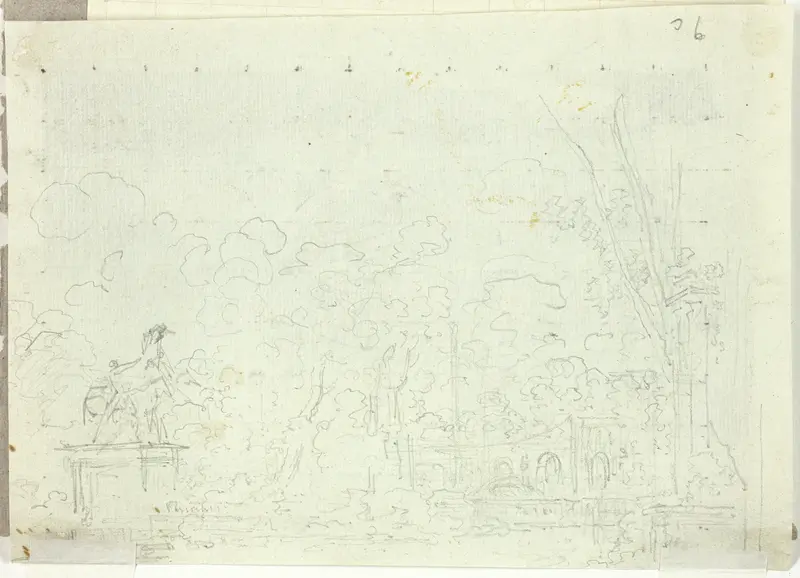 View of the Park at Versailles: Equestrian Statue Among Trees Wall Art by Pierre Antoine Mongin - High-Resolution Digital Print