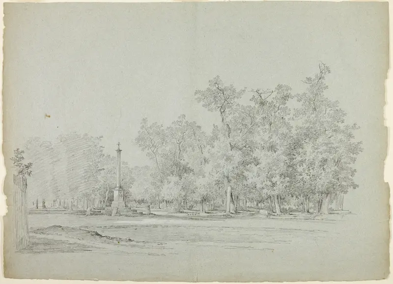 View of the Park st Versailles: Landscape with Memorial Column and Grove of Trees Wall Art by Pierre Antoine Mongin - High-Resolution Digital Print