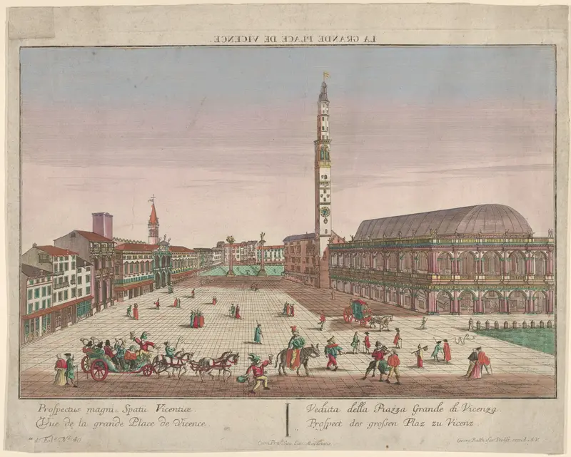 View of the Piazza dei Signori of Vicenza with horse-drawn carriages and figures walking in the square Wall Art by Georg Balthasar Probst - High-Resolution Digital Print