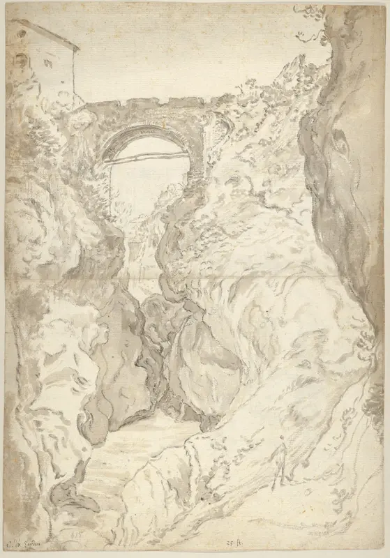 View of the Ponte San Rocco at Tivoli; verso: Buildings on the River Aniene near Tivoli (?) Wall Art by Guilliam du Gardijn - High-Resolution Digital Print