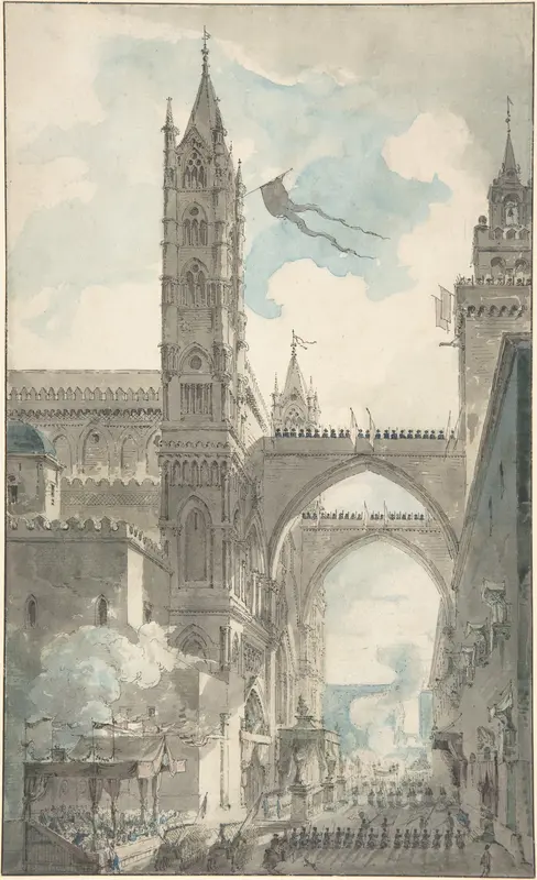 View of the Portal and Principal Entrance of the Cathedral of Palermo during the Festival of Sta. Rosalia Wall Art by Louis Jean Desprez - High-Resolution Digital Print