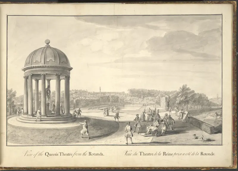 View of the Queen's Theatre from the Rotunda at Stowe, Buckinghamshire Wall Art by Jacques Rigaud - High-Resolution Digital Print