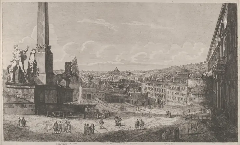 View of the Quirinal Hill in Rome with the fountain of the horse tamers at left, from "Le Antichita di Roma" Wall Art by Luigi Rossini - High-Resolution Digital Print