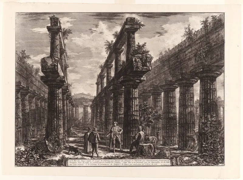 View of the Remains of the Two Rows of Columns in the Temple of Neptune which [originally] formed the colonnades along the sides of the cella, and supported the uppermost part of the roof, from Different views of Paestum
