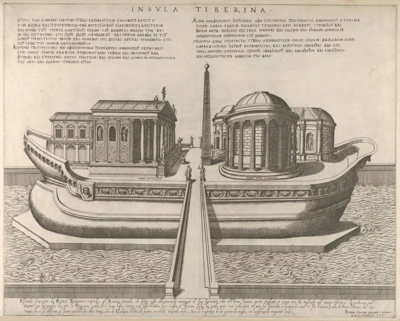 View of the Tiber Island represented as a ship, the Temple of Aesculapius at left Wall Art by Giovanni Ambrogio Brambilla - High-Resolution Digital Print