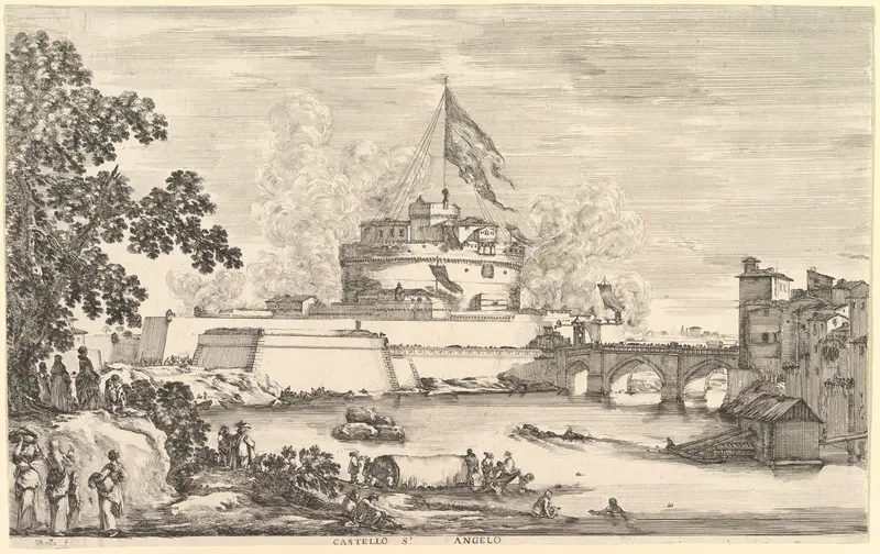 View of the Tiber river, a large tree to left, two groups of women to left in the foreground, a bridge leading to the Castello Sant'Angelo to left, above which a large flag is hoisted, clouds of gunsmoke to right and left of the castle Wall Art by Stefano della Bella - High-Resolution Digital Print