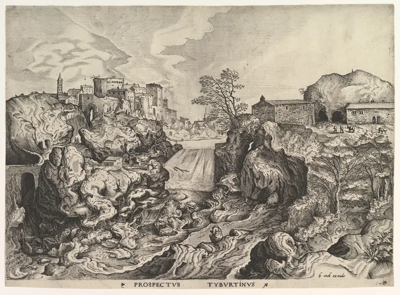 View of the Tiber (Tivoli) (Prospectus Tyburtinus), from "The Large Landscapes" Wall Art by Johannes van Doetecum I - High-Resolution Digital Print
