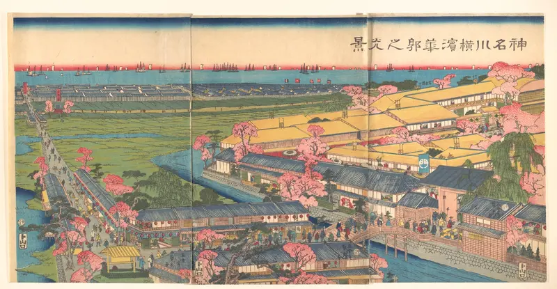 View of the Yokohama Pleasure Quarters of Kanagawa at Cherry Blossom Time Wall Art by Utagawa (Gountei) Sadahide - High-Resolution Digital Print