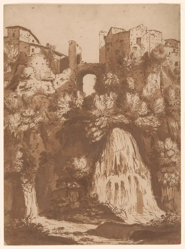 View of Tivoli with the Bridge Over the Anio Waterfall Wall Art by Cornelis van Poelenburgh - High-Resolution Digital Print
