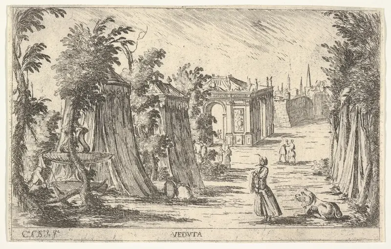 View with a man in a turban and a lion standing at right, tents and classical architecture in the background Wall Art by Carlo Antonio Buffagnotti - High-Resolution Digital Print