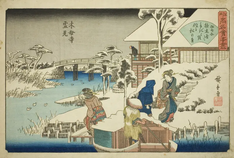 Viewing Snow at the Uekiya Restaurant at Mokubo Temple (Mokuboji yukimi, Uekiya) from the series "Famous Restaurants of Edo (Edo komei kaitei zukushi)"