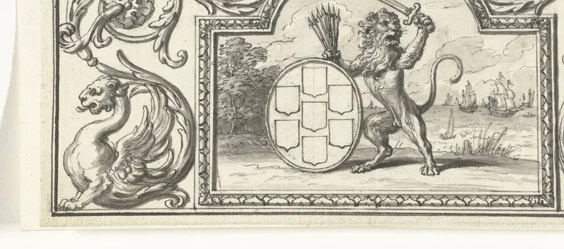 Vignet met de Nederlandse leeuw met het wapen van de Zeven Verenigde Provinciën Wall Art by Bernard Picart - High-Resolution Digital Print